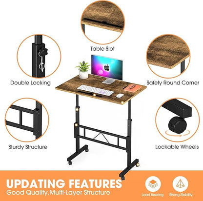 Klvied Small Standing Desk Adjustable Height, Mobile Table with Wheels, Portable Laptop Table, Standing Computer Desk for Walking Pad (Brown)