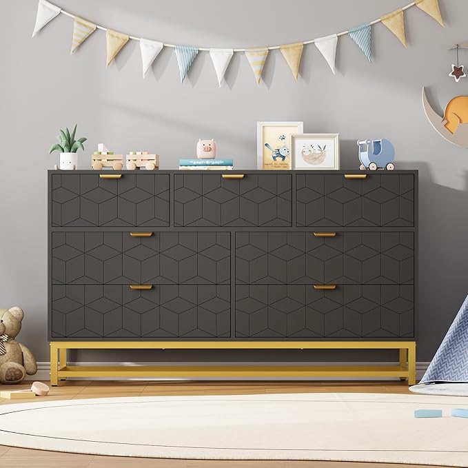 GAOMON Dresser for Bedroom, 53.5" Wide Dresser Organizer, 7 Drawer with Golden Metal Handle and Legs, Modern Chest of Drawers for Closet, Hallway, Living Room, Entryway, Black