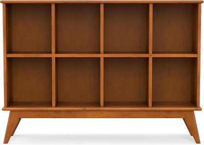 SIMPLIHOME Draper Console Table - 57 Inch Wide Solid Hardwood 8-Cube Sofa Table in Teak Brown, Mid-Century Modern Bookcase for Entryway or Living Room with 8 Open Storage Cubbies and Tapered Legs