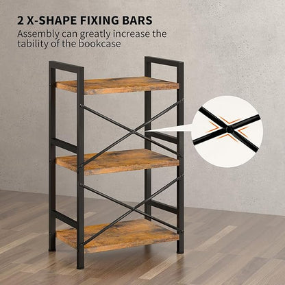 Homeiju Bookshelf, 3 Tier Industrial Bookcase, Metal Small Bookcase, Rustic Etagere Book Shelf Storage Organizer for Living Room, Bedroom, and Home Office(Rustic Brown) Patent Pending D29873033