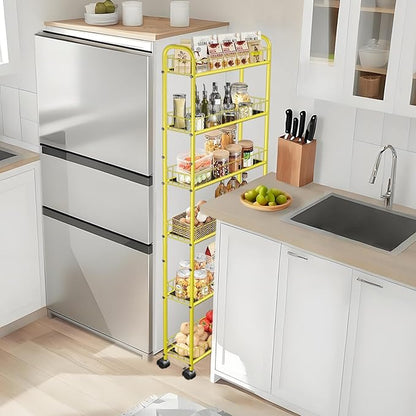 6-Tier Slim Storage Cart with Wheels,6in Narrow Rolling Shelf,Sturdy Slim Storage Ideal for Kitchen, Bathroom, and Laundry Room, Yellow