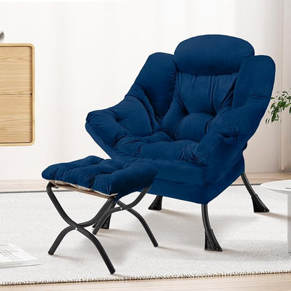 Lazy Chair with Folding Ottoman Modern Large Accent Chair,Contemporary Lounge Leisure Sofa Chair with Armrests Upholstered Sofa Armchair Reading Chair for Bedroom,Dorm & Office(Navy-f)
