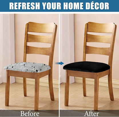 Smiry Velvet Seat Covers for Dining Room Chair Set of 4, Stretch Fit Removable Washable Chair Seat Cushion Protector Slipcovers with Ties, Black