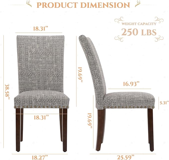Parsons Dining Chairs Set of 2, Upholstered Nailhead Dining Room Kitchen Side Chair with Thick Cushions and Wood Legs, Black/White