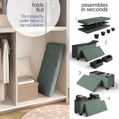 STORAGEBUD Storage Ottoman Bench with Bins, 30-in Storage Bench for Bedroom End of Bed, Folding Foot Rest Ottoman for Living Room Max 660lbs, Fabric Ottomans, Green