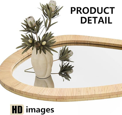 H HOMEWINS Rattan Mirror for Wall,31.5'' x 25.2" Wooden Framed Farmhouse Boho Wicker Coastal Irregular Vanity Mirror for Bathroom Living Room Entryway