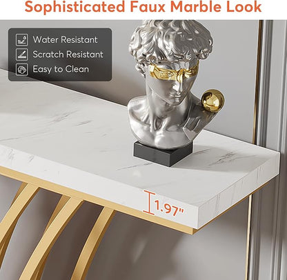 LITTLE TREE Narrow Entryway Console Table,Faux Marble White+Gold