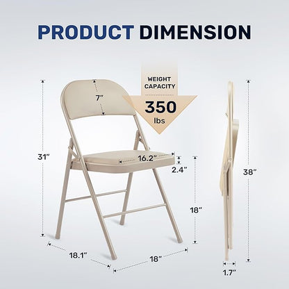 HealSmart 2 Pack Folding Chairs with Leather Padded Cushion Seats & Durable Metal Frame, Comfortable, Foldable, Portable, Commercial Event Seat, Indoor Outdoor for Home, Parties, Office, Kahki
