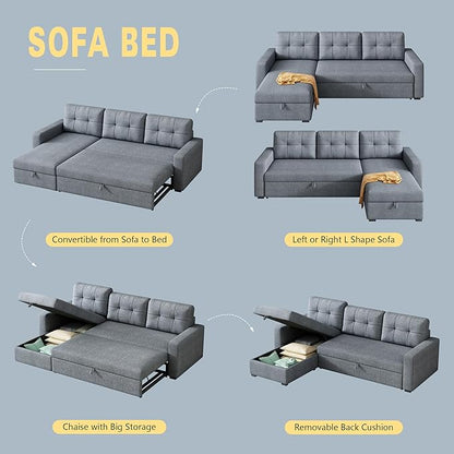 Ball & Cast L-Shape Reversible Sectional Sleeper Sofa Bed,Linen Upholstered 4 in 1 Pull Out Couch with Storage Chaise & Removable Back Cushions,Convertible Corner Sectionals for Living Room,Office