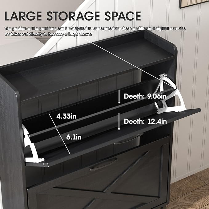 Maupvit Shoe Storage Cabinet with 2 Flip Drawers, Freestanding Organizer with Metal Legs for Entryway, Narrow Shoe Rack Cabinet, Black