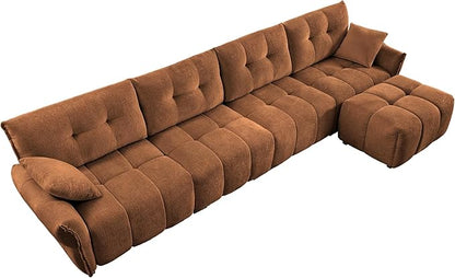 Modern Chenille Fabric 4-Seat Sofa w/Ottoman+2 Pillows, Premium Upholstery Living Room Couch with Tufted Backrest & Comfortable Armrests and High-Resilience Memory Foam Cushions,Orange