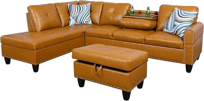 97.5" Oversized Sectional Couch, L Shaped Couch with Storage Ottoman, Modern Modular Sofa with Deep Seat, Sectional Couches for Living Room and Office, Ginger (PU Leather)