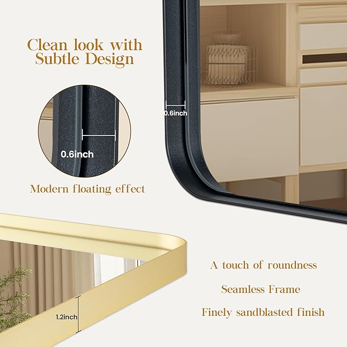32×36 Black Bathroom Mirror, Rectangular Bathroom Vanity Mirror for Wall with Rounded Corners & Aluminum Alloy Frame, Tempered-Glass, Modern, Farmhouse, Horizontal/Vertical, Entryway, Bedroom