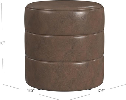 HomePop Upholstered Faux Leather Round Ottoman (No Lid, Seat Only) Home Décor | Round Pouf Foot Rest – Brown Faux Leather