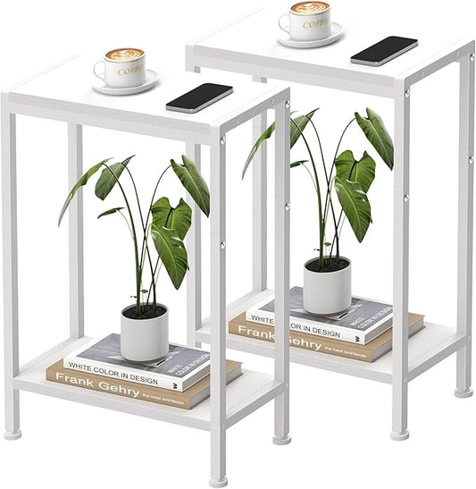 Narrow Side Table for Small Space Set of 2, 2-Tier Small End Table with Shelf Holder, Slim Nightstand, Skinny Snack Couch Table in Living Room, Bedroom, Study, Kitchen and Balcony（White
