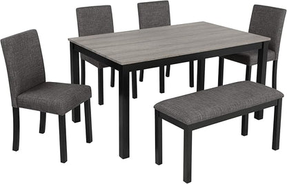 soges 6-Piece Kitchen Dining Table Set with Bench and Chairs, Dining Table Set for 6 with Bench, Wooden Table Set for Kitchen, Dining Room, Grey
