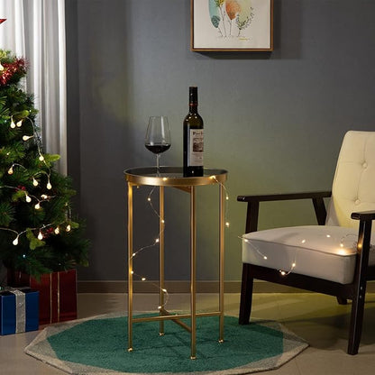 HollyHOME Small Round Metal Waterproof End Table, Accent Indoor&Outdoor Coffee Side Table, Snack Sofa Table for Living Room, Anti-Rust Decorative Plant Stand, (D) 14.5" x (H) 25", Gold/Grey