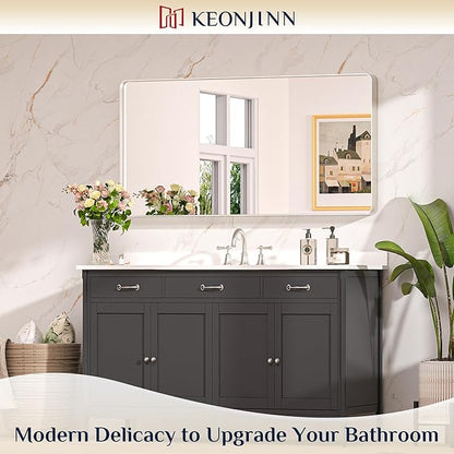 Keonjinn Brushed Nickel Mirror 48” x 24” Silver Bathroom Mirror for Over Sink, Rounded Rectangle Farmhouse Vanity Mirror, HD Tempered Glass, Metal Framed Full Length Wall Mirror(Horizontal/Vertical)