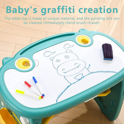 Kids Table and Chair Set The Table Can Be Graffiti and The Height Can Be Raised and Lowered for Children Age 2-10 The Order Includes Watercolor Pen and Blackboard Eraser