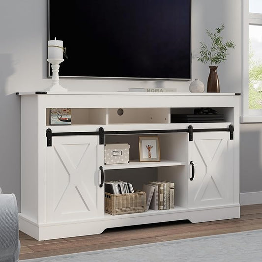RoyalCraft Farmhouse TV Stand for 23" Fireplace, 34'' Tall Entertainment Center for 65+ Inch TV, 34" Tall Rustic TV Console with Sliding Bar Door for Living Room, White