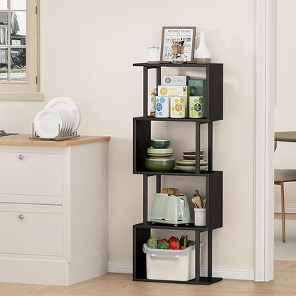 Gadroad 4-Tier Bookshelf, Narrow S-Shaped Geometric Bookcase, Wood Decorative Storage Shelving, Modern Freestanding Display Shelves, Book Shelf Unit for Living Room Bedroom Home Office, Black