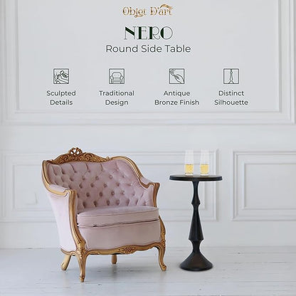 OBJET D'ART Small Round Black Side Table, Nero, 21" Height, Vintage Metal Accent, Side, Pedestal, Coctail and Drink Tables for Living Room and Small Spaces