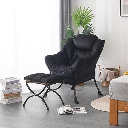 LITA Lazy Chair with Ottoman, Modern Accent Leisure Upholstered Sofa, Contemporary Lounge Reading Chair with Armrests and a Side Pocket for Living Room, Bedroom & Small Space, Black