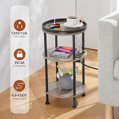 Small Round Side Table with Charging Station for Small Spaces, 3-Tier Accent Table with USB Ports & Power Outlets, Corner Tea Table Sofa Table for Living Room Nightstand Bedroom Apartment(USB,Oak)