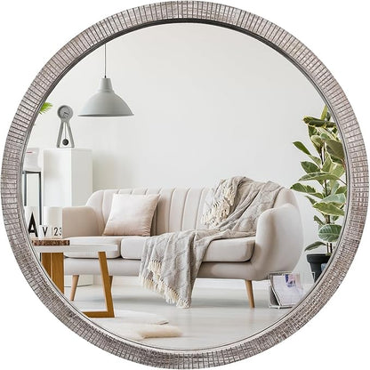 30" Round Wood Mirror, Large Round Mirror with Beveled, Wood Round Mirrors for Wall Decor, Rustic Circle Wall Mirrors for Entryway, Living Room, White Washed Frame