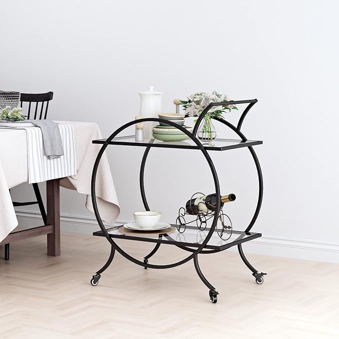 Industrial Bar Carts for The Home Bar Serving Cart, Rolling Bar Cart Black with Lockable Caster Wheels, Glass Bar Carts with 2 Mirrored Shelves, Storage Wine Carts for Kitchen, Party