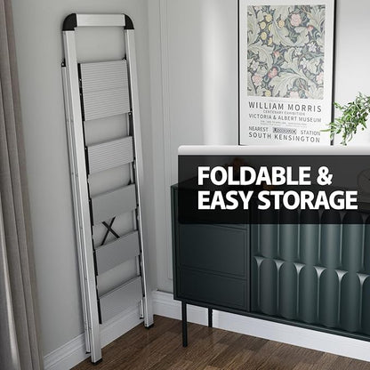 KINGRACK Aluminium 5 Step Ladder, Lightweight Step Stool with Non-Skid Pedals, Handrail, Foldable Step Ladder for Kitchen, Garage, Home, Space Saving, Sturdy and Portable, Silver
