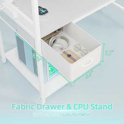 TIQLAB Gaming Desk 47 inch with Power Outlet and LED Light, Computer Desk with Reversible Shelves and Storage Drawer, Small PC Desk for Home Office Table with Bag, Carbon Fiber White