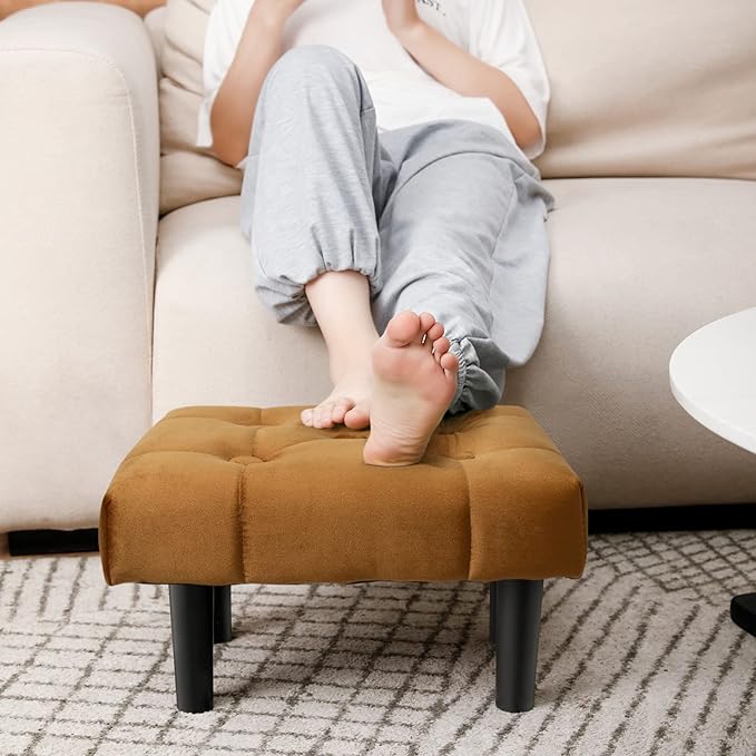 HOUCHICS Small Footstool Ottoman,Velvet Soft Footrest Ottoman with Wood Legs,Sofa Footrest Extra Seating for Living Room Entryway Office(Coffee 2PACK)