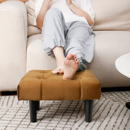 HOUCHICS Small Footstool Ottoman,Velvet Soft Footrest Ottoman with Wood Legs,Sofa Footrest Extra Seating for Living Room Entryway Office(Coffee 1PACK)