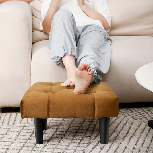 HOUCHICS Small Footstool Ottoman,Velvet Soft Footrest Ottoman with Wood Legs,Sofa Footrest Extra Seating for Living Room Entryway Office(Coffee 1PACK)