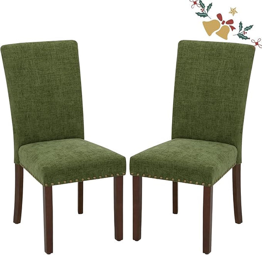 Parsons Dining Chairs Set of 2, Upholstered Nailhead Dining Room Kitchen Side Chair with Thick Cushions and Wood Legs, Green