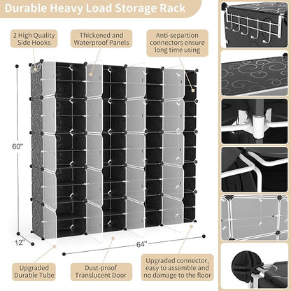 Portable Shoe Rack Organizer with Door, 80 Pairs Shoe Storage Cabinet Easy Assembly, Plastic Adjustable Shoe Storage Organizer Stackable Detachable Free Standing DIY Expandable 10 Tier Black