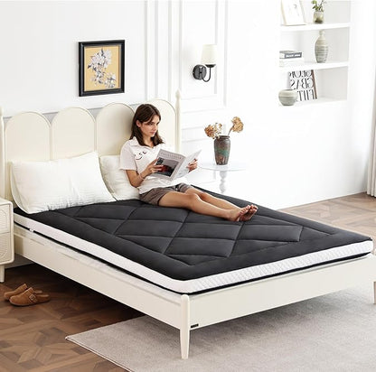 Welnow Japanese Futon Floor Mattress, Thick Full Size Tatami Mat Portable & Foldable Roll Up Floor Bed Mattress with Storage Bag, Sleeping Pad for Adults, Dorm, Guest Bed, Camping and Travel, Black