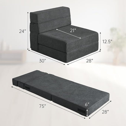 ANONER Fold Out Chair Bed Memory Foam with Pillow Futon Couch Folding Sleeper Chairs, Convertible Chair Bed Dark Gray, Single Size