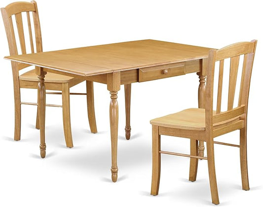East West Furniture MZDL3-OAK-W 3 Piece Kitchen Table Set for Small Spaces Contains a Rectangle Dining Room Table with Dropleaf and 2 Dining Chairs, 36x54 Inch, Oak