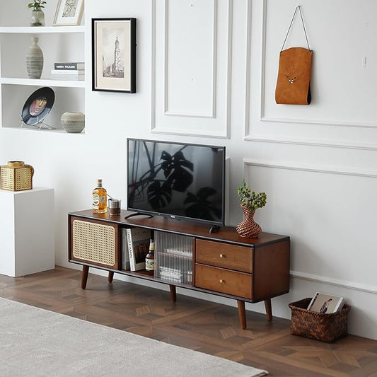 Tiita Rattan TV Stand for 55 65 Inch TV, Bamboo TV Cabinet with 2 Drawers, Boho Entertainment Center with Adjustable Shelf, Mid Century Modern Media Console for Bedroom, Living Room, Walnut