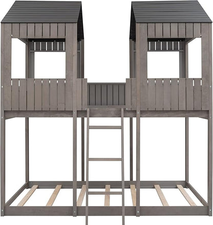 Ball & Cast Full Over Full Size Playhouse Bunk Bed with Roof and Window,Wood Bunkbed w/Full-Length Guard Rail & Ladder,Slat Support,Space Saving,Bedroom Furniture for Student Dorms,Antique Gray