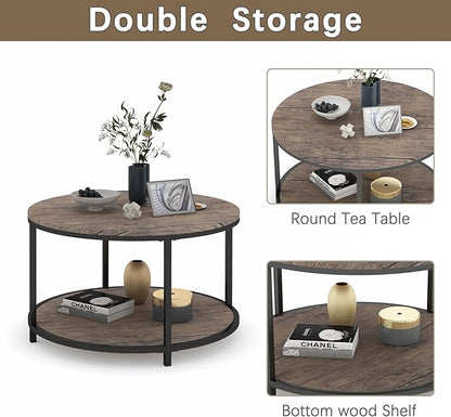 Round Coffee Table, Rustic Wooden Surface Top & Sturdy Metal Legs Industrial Sofa Table for Living Room Modern Design Home Furniture with Storage Open Shelf (Walnut, 25.6 in)