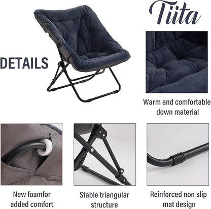 Tiita Folded Chair with Ottoman, Soft Faux Fur Oversized Folding Accent Chair,Lounge Lazy Chair, Metal Frame Moon Chair for Bedroom, Living Room, Dorm Rooms, Garden and Courtyard