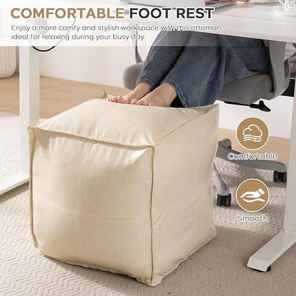 17.7" Square Unstuffed Pouf Ottoman Cover (Only Cover No Filler), Pu Leather Poufs Cube Foot Stool Poofy Ottomans Footrest, Casual Footstool for Living Room, Perfect to Rest Your Feet, Beige