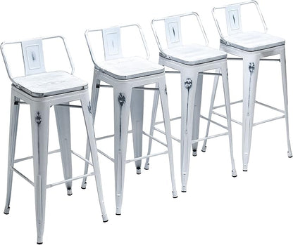 Yongchuang Industrial Metal Barstools Set of 4 Counter Height Bar Stools with Back (24" Seat Height Wooden Top Low Back, Distressed White)
