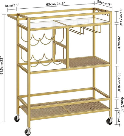 Bar Cart for Home, 3-Tier Serving Cart with Wheels and Handle, Beverage Cart with Wine Rack and Glass Holders, Rolling Wine Cart for Kitchen, Dining Room, Gold RCJ61B01