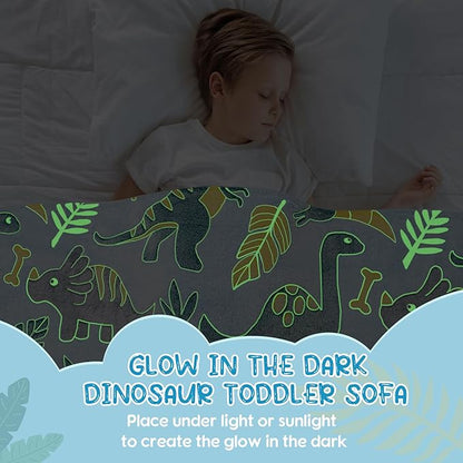 Comfy Toddler Chair and Couch for Kids with Blanket,2-in-1 Soft Plush Fold Out Toddler Couch for Girls and Boys,Convertible Sofa to Lounger for Playroom,Glowing Dinosaur
