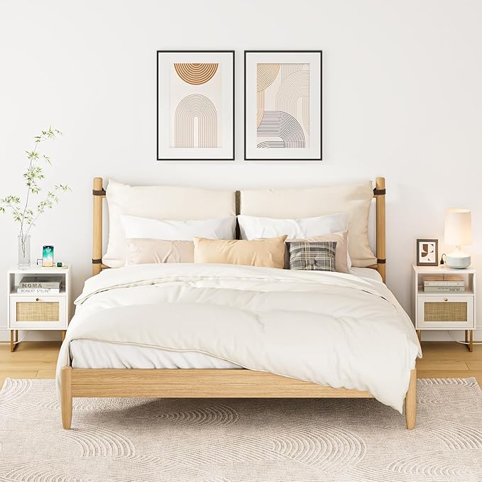Masupu Extra Large Rattan Nightstand with Charging Station,Boho Night Stand Modern Farmhouse Wood Bedside Table with Storage Drawer and Open Shelf,Side End Table for Bedroom,Living Room,Office White
