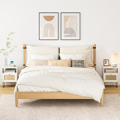 Masupu Extra Large Rattan Nightstand with Charging Station,Boho Night Stand Modern Farmhouse Wood Bedside Table with Storage Drawer and Open Shelf,Side End Table for Bedroom,Living Room,Office White